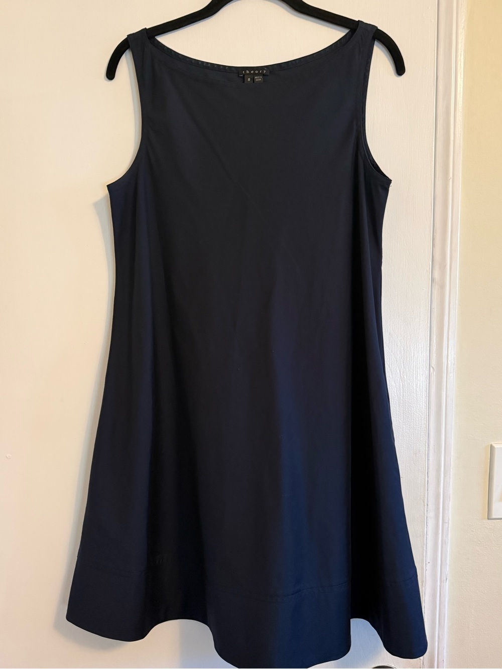 Theory Dacey W sleeveless A-line dress, midnight navy wool blend fabric.